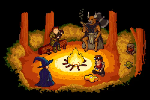 Pixel-art campfire scene
